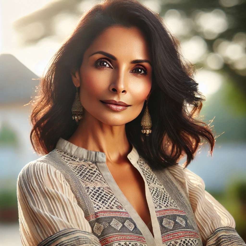 Modern Indian woman in her 40s, radiating confidence and self-love, wearing a stylish outfit. She stands gracefully in a serene outdoor setting, surrounded by soft natural light, symbolizing empowerment, beauty, and inner strength in midlife.